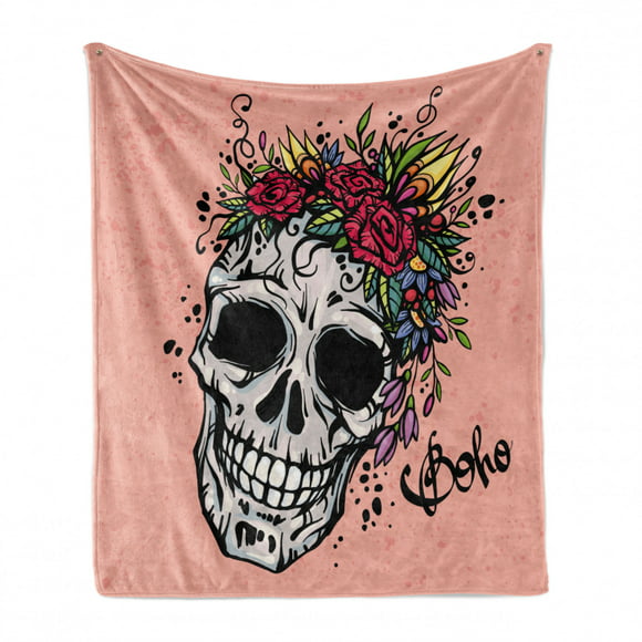 Cozy Plush for Indoor and Outdoor Use Ambesonne Rose Soft Flannel Fleece Throw Blanket 60 x 80 Vermilion Black Green Watercolor Art Style Skull with Red Roses and Buds Gothic Halloween Pattern 